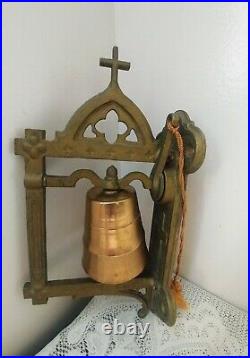 Vintage Cast Iron Wall Mount Bell withCross Dinner, School, Barn Pull String