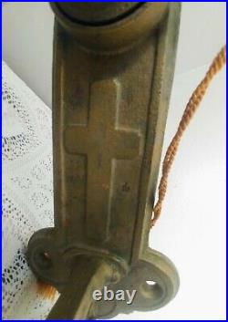 Vintage Cast Iron Wall Mount Bell withCross Dinner, School, Barn Pull String