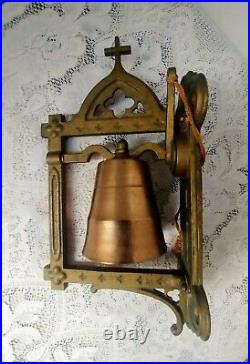 Vintage Cast Iron Wall Mount Bell withCross Dinner, School, Barn Pull String