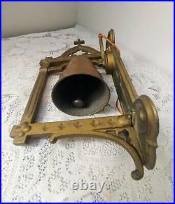 Vintage Cast Iron Wall Mount Bell withCross Dinner, School, Barn Pull String