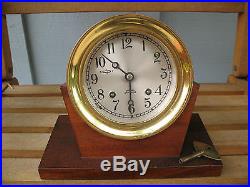 Vintage Chelsea 4.5'' Ships Bell Brass Clock with Wood Desk Stand Executive Gift