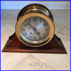 Vintage Chelsea Brass Ships Bell Clock 7 1/4 with Mahogany Stand
