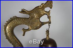 Vintage Chinese Asian Brass Bronze Ornate Dragon Statue Gong Bell on Stand 19