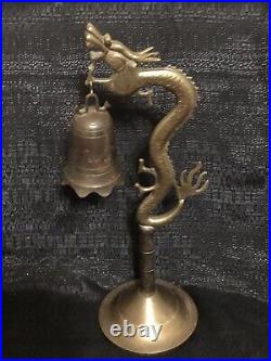 Vintage Chinese Asian Brass Ornate Dragon Statue Gong Bell on Stand 19 Tall