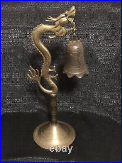 Vintage Chinese Asian Brass Ornate Dragon Statue Gong Bell on Stand 19 Tall