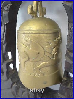 Vintage Chinese Brass Metal Dragon Bell w Inlayed Silver Rosewood Frame Hanger