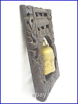 Vintage Chinese Brass Metal Dragon Bell w Inlayed Silver Rosewood Frame Hanger