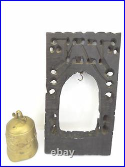 Vintage Chinese Brass Metal Dragon Bell w Inlayed Silver Rosewood Frame Hanger