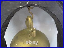 Vintage Chinese Brass Metal Dragon Bell w Inlayed Silver Rosewood Frame Hanger