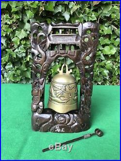 Vintage Chinese Thai Buddhist Brass Temple Prayer Bell with Wooden & and Gong