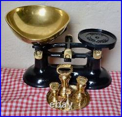 Vintage English Boots Kitchen Scales Black 7 Brass Bell Weights On Brass Tray