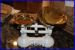 Vintage English Kitchen Scale White Thornton The Viking & 7 Brass Bell Weights