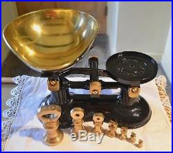 Vintage English Kitchen Scales Black Boots 7 Brass Bell Weights