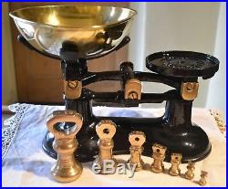 Vintage English Kitchen Scales Black Boots 7 Brass Bell Weights