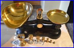 Vintage English Kitchen Scales Black Boots Cash Chemists 7 Brass Bell Weights