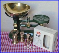 Vintage English Kitchen Scales Boots British Racing Green 7 Brass Bell Weights