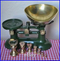 Vintage English Kitchen Scales Boots British Racing Green 7 Brass Bell Weights