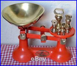 Vintage English Kitchen Scales Red F J Thornton The Viking 7 Brass Bell Weights