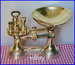 Vintage English Solid Brass Ornate Kitchen Scales & 7 Brass Bell Weights