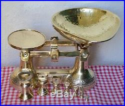 Vintage English Solid Brass Ornate Kitchen Scales & 7 Brass Bell Weights