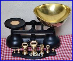 Vintage English The Salter Kitchen Scales Black 7 Brass Bell Weights On Stand