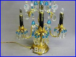 Vintage French Brass Bronze Crystal Candelabra Lamp Celeste Blue Bell Chandelier