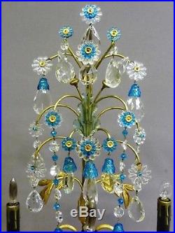 Vintage French Brass Bronze Crystal Candelabra Lamp Celeste Blue Bell Chandelier