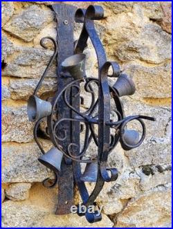 Vintage French HAND CRANK IRON SPINNING WHEEL WALL DOOR BELL 6 Brass Bells