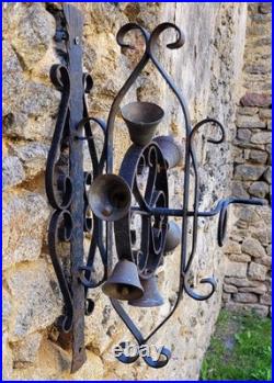 Vintage French HAND CRANK IRON SPINNING WHEEL WALL DOOR BELL 6 Brass Bells