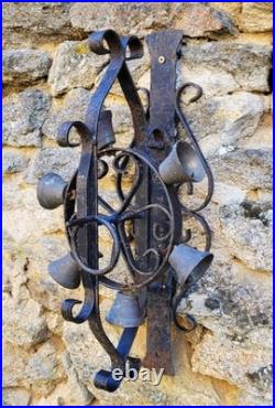 Vintage French HAND CRANK IRON SPINNING WHEEL WALL DOOR BELL 6 Brass Bells
