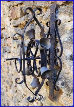 Vintage French HAND CRANK IRON SPINNING WHEEL WALL DOOR BELL 6 Brass Bells