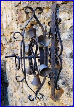 Vintage French HAND CRANK IRON SPINNING WHEEL WALL DOOR BELL 6 Brass Bells