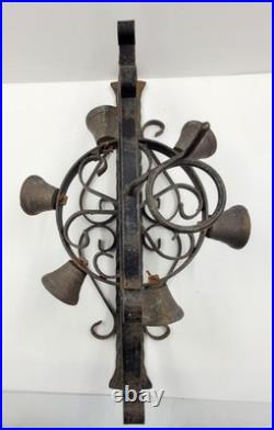 Vintage French HAND CRANK IRON SPINNING WHEEL WALL DOOR BELL 6 Brass Bells