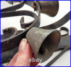 Vintage French HAND CRANK IRON SPINNING WHEEL WALL DOOR BELL 6 Brass Bells