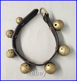 Vintage Graduated Sleigh Bells 21 Long Leather Strap 7 Brass Etched Engraved