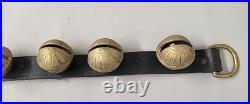Vintage Graduated Sleigh Bells 21 Long Leather Strap 7 Brass Etched Engraved