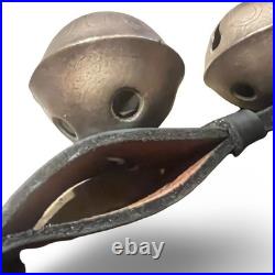 Vintage Graduated Sleigh Bells On 77 Black Leather Strap With Buckle