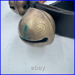 Vintage Graduated Sleigh Bells On 77 Black Leather Strap With Buckle
