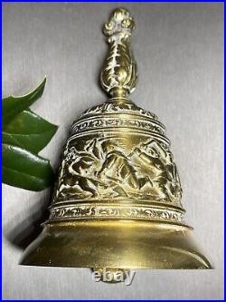 Vintage Hand Bell Hunting Scene Bias-Relief Estate Pre-Owned Heavy Bronze