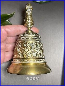 Vintage Hand Bell Hunting Scene Bias-Relief Estate Pre-Owned Heavy Bronze