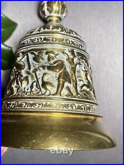 Vintage Hand Bell Hunting Scene Bias-Relief Estate Pre-Owned Heavy Bronze
