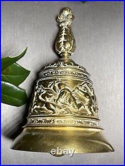 Vintage Hand Bell Hunting Scene Bias-Relief Estate Pre-Owned Heavy Bronze