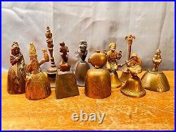 Vintage Hand Bell Lot of 10 Antique Reliqious Figures Brass Bronze Rare & Unique