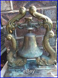 Vintage Heavy Brass Bell with Sea Serpents Nautical 11 tall x 10 1/4 wide. Navy