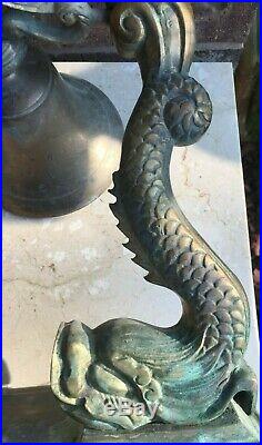 Vintage Heavy Brass Bell with Sea Serpents Nautical 11 tall x 10 1/4 wide. Navy