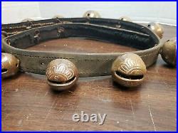 Vintage Horse Sleigh Bells, 17 Amish Brass Bells With Leather Strap 65 Inches