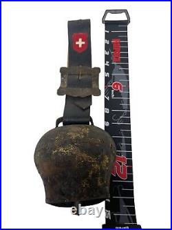 Vintage Large Swiss Copper Cow Bell w Strap & Brass Buckle Shield RED CROSS
