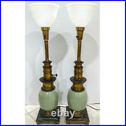 Vintage Matching Pair Torchiere Table Lamps Solid Brass Ceramic Milk Glass Shade
