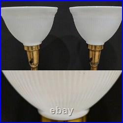 Vintage Matching Pair Torchiere Table Lamps Solid Brass Ceramic Milk Glass Shade