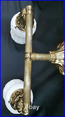 Vintage Milk Glass Two Light Brass Electric Wall Sconce with Dimmable Switch